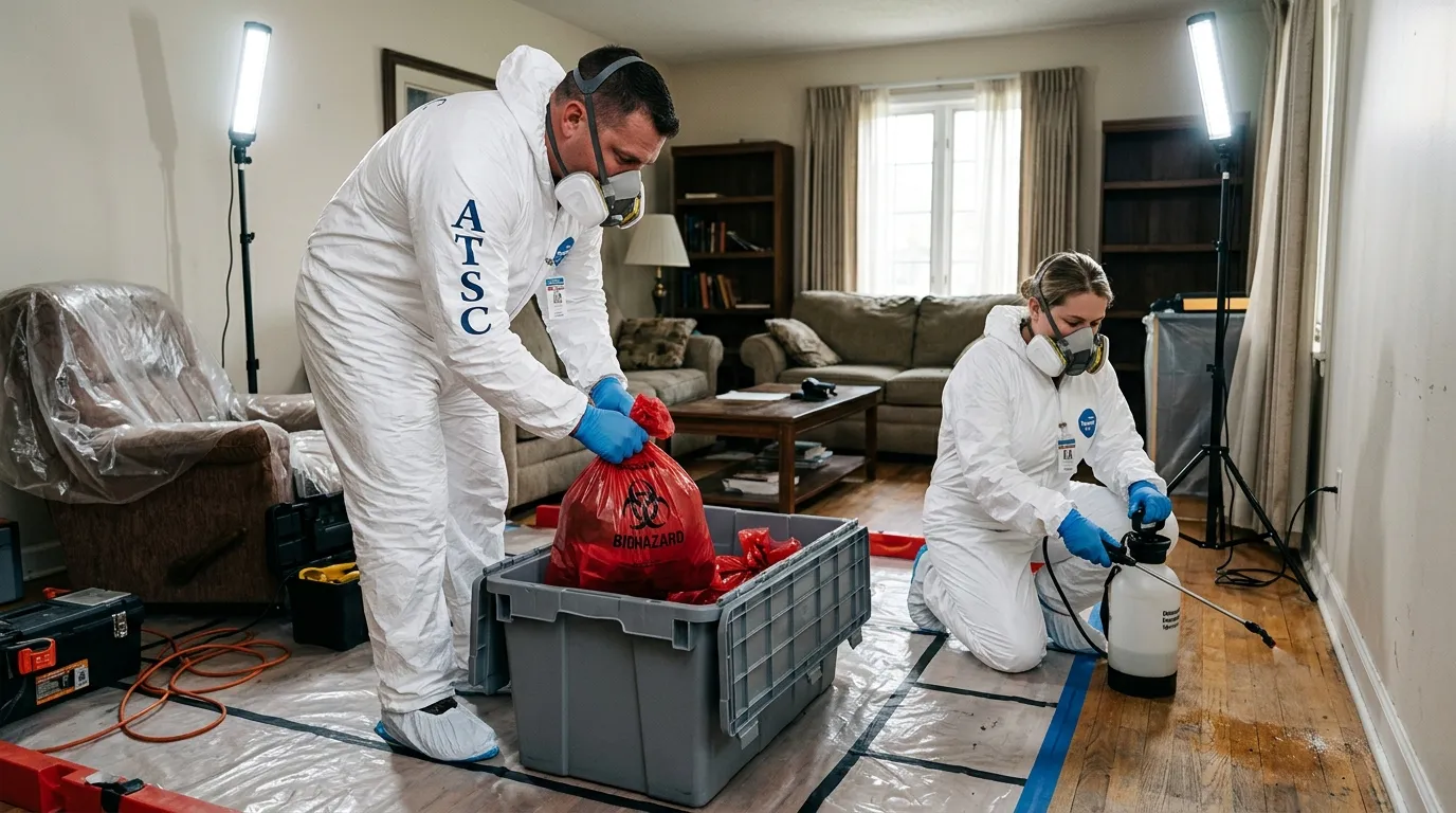 Professional Biohazard Cleanup technician in full PPE working in Tinley Park